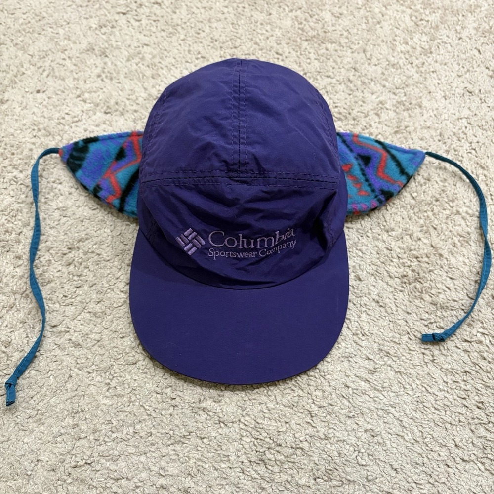 Vintage 90s Columbia Sportswear 2-in-1 Aztec Hat Sz M Purple Fleece Nylon USA - Picture 2 of 9